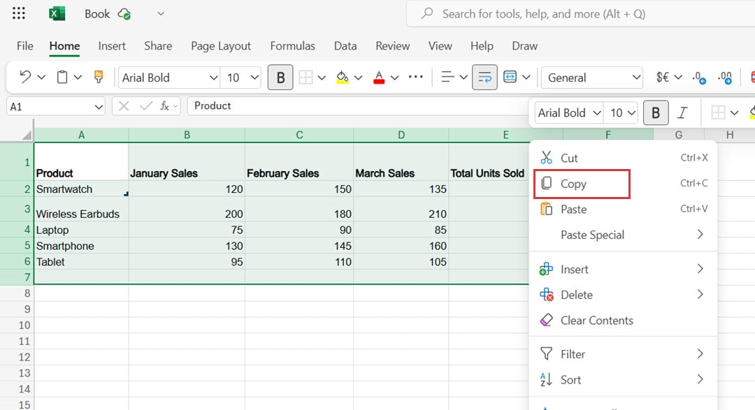 copy the table from excel