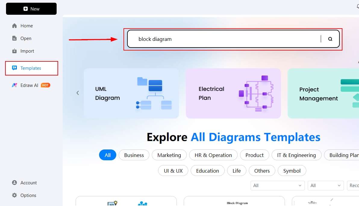 EdrawMax Template Library-Open template library and use the search bar