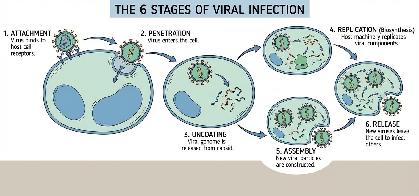 Viral Infection Stages-Diagram showing the 6 stages