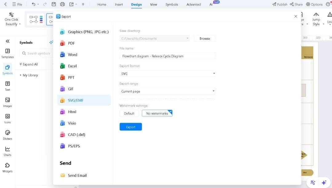 EdrawMax interface-Exporting vsdx as svg using export settings