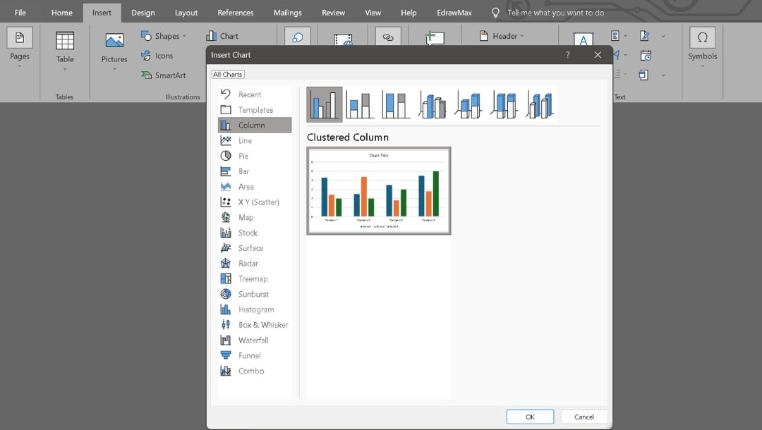 Microsoft Word-Insert Column Chart
