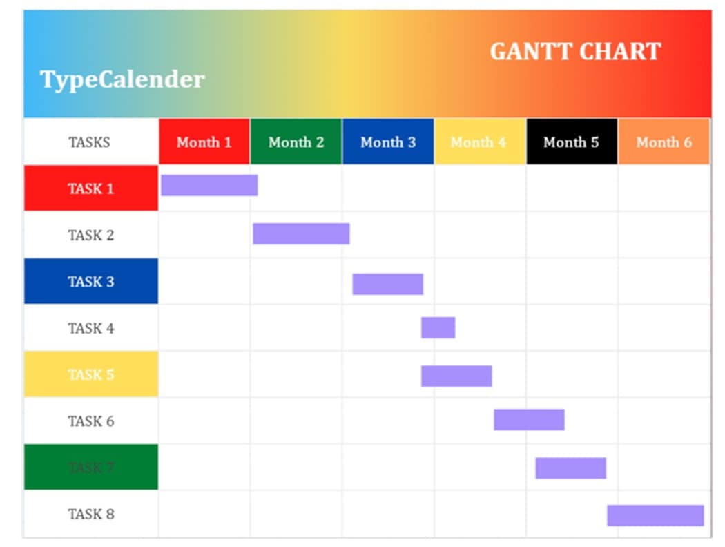 Calendar Gantt Chart-Template showing tasks over six months