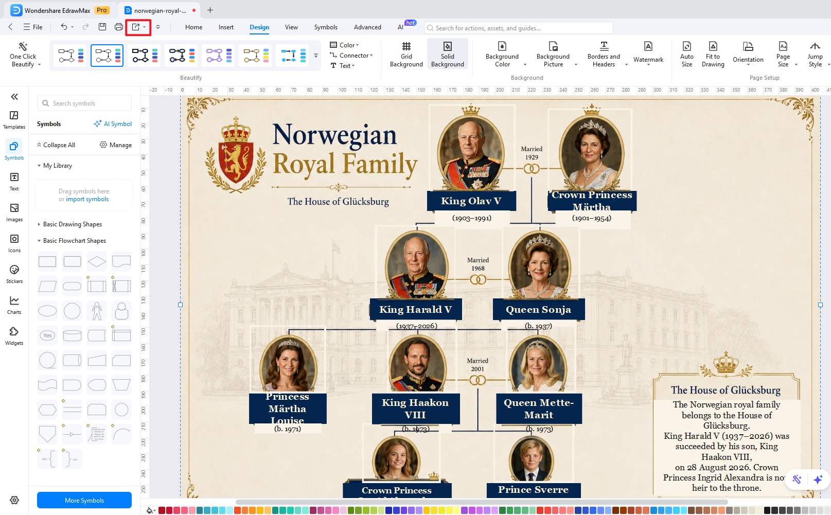 Exporting an editable Norwegian royal family tree from EdrawMax