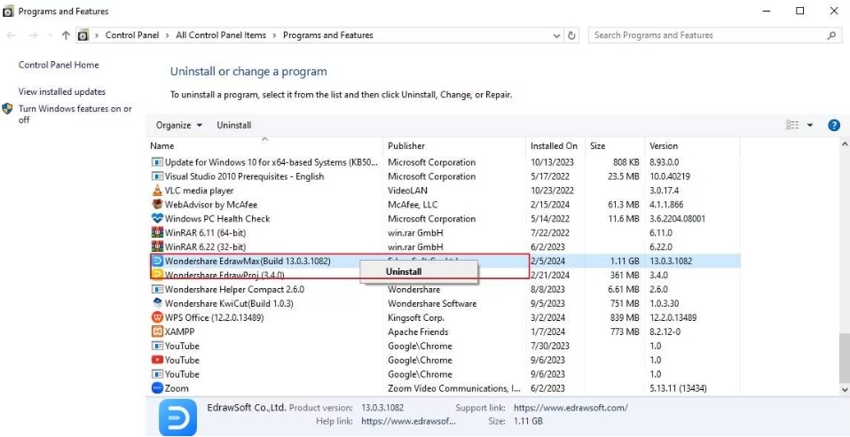 uninstall or change a program windows
