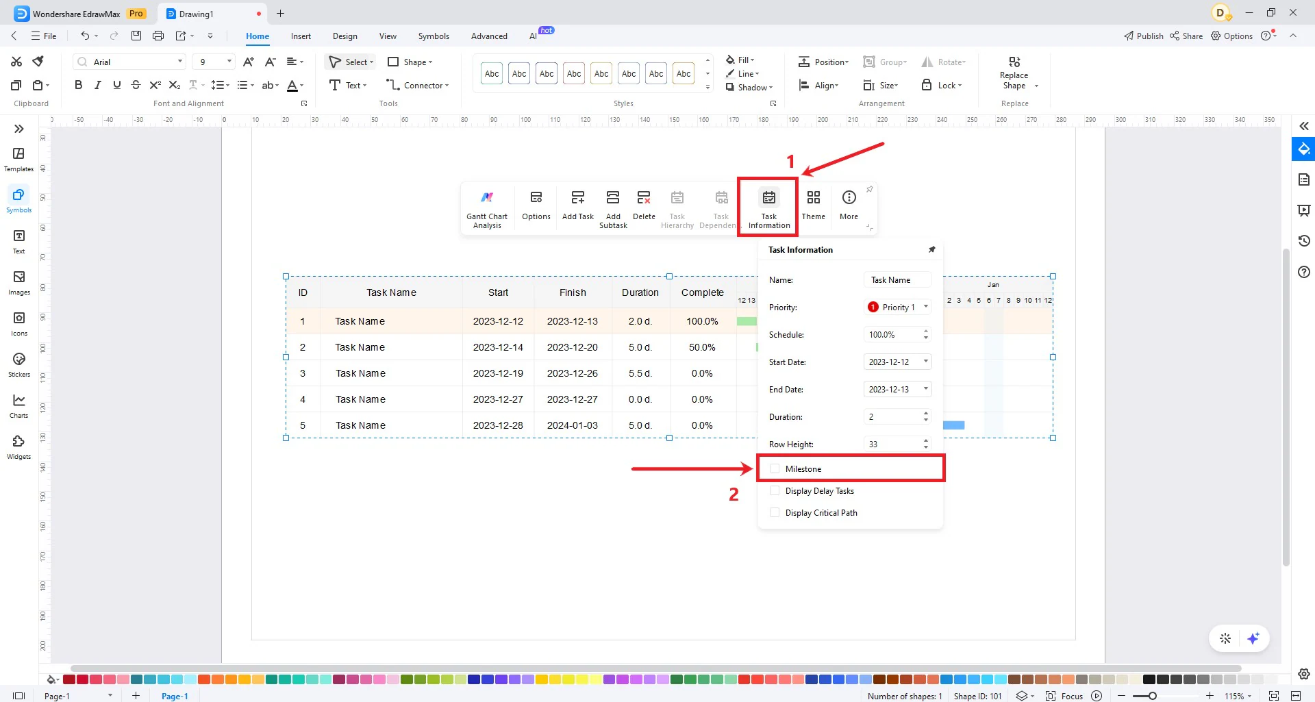 edit gantt chart data milestone