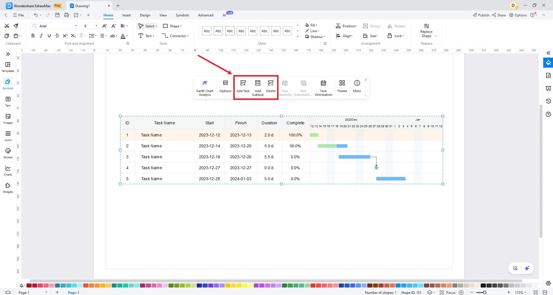 edit gantt chart data summary task