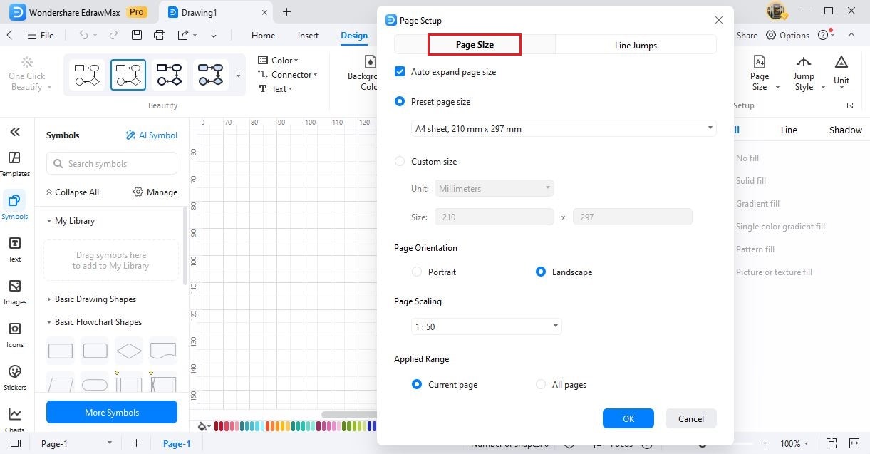 edrawmax quick page size option