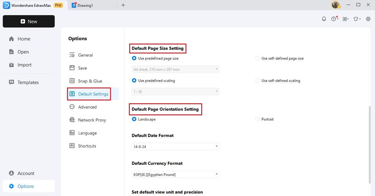 edrawmax default page size settings