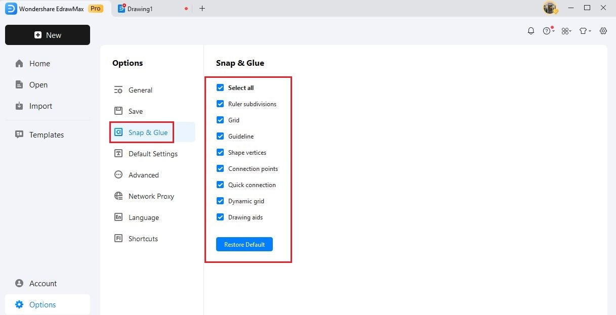 shape and glue option settings