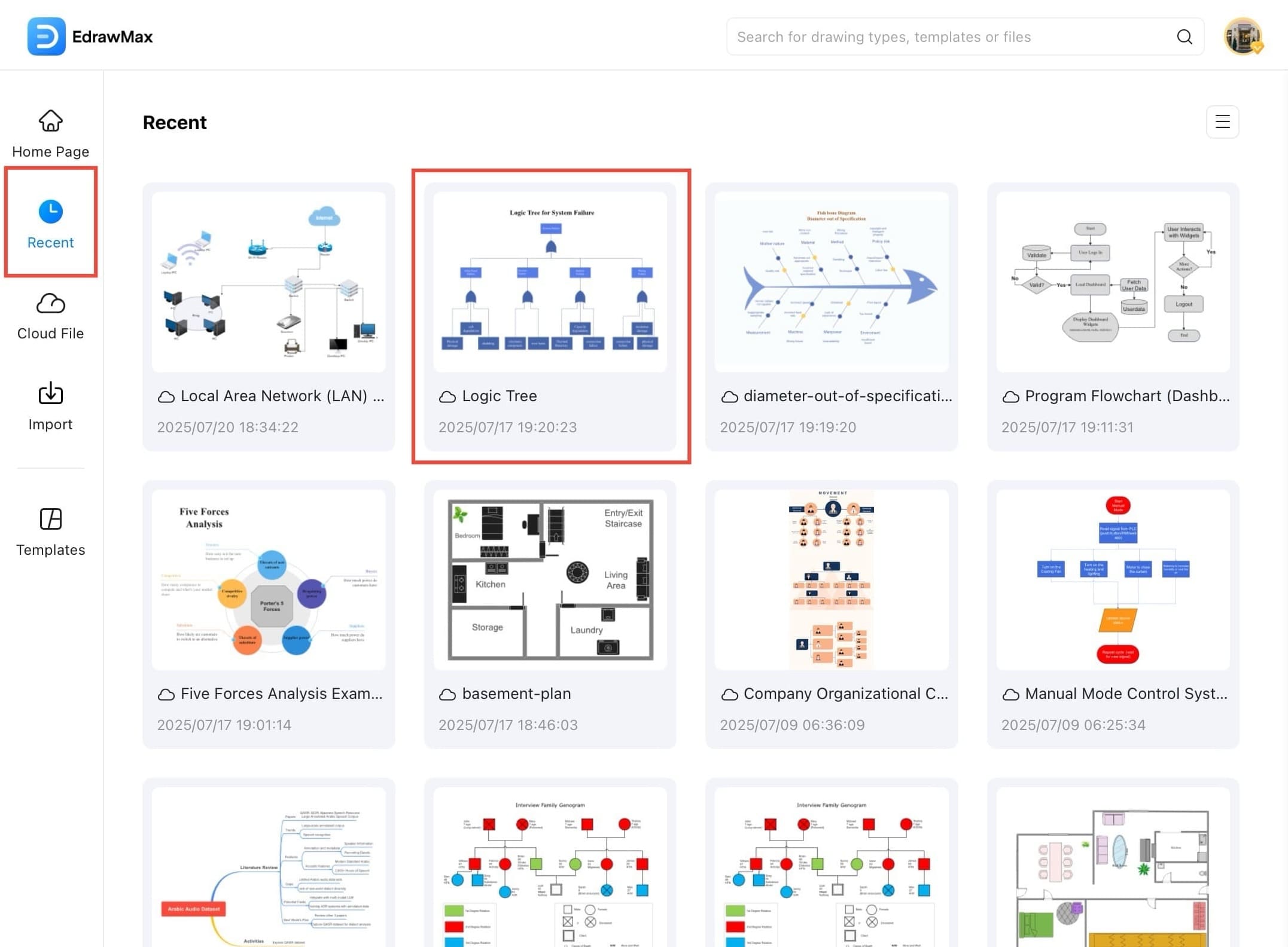 edrawmax recent projects screen