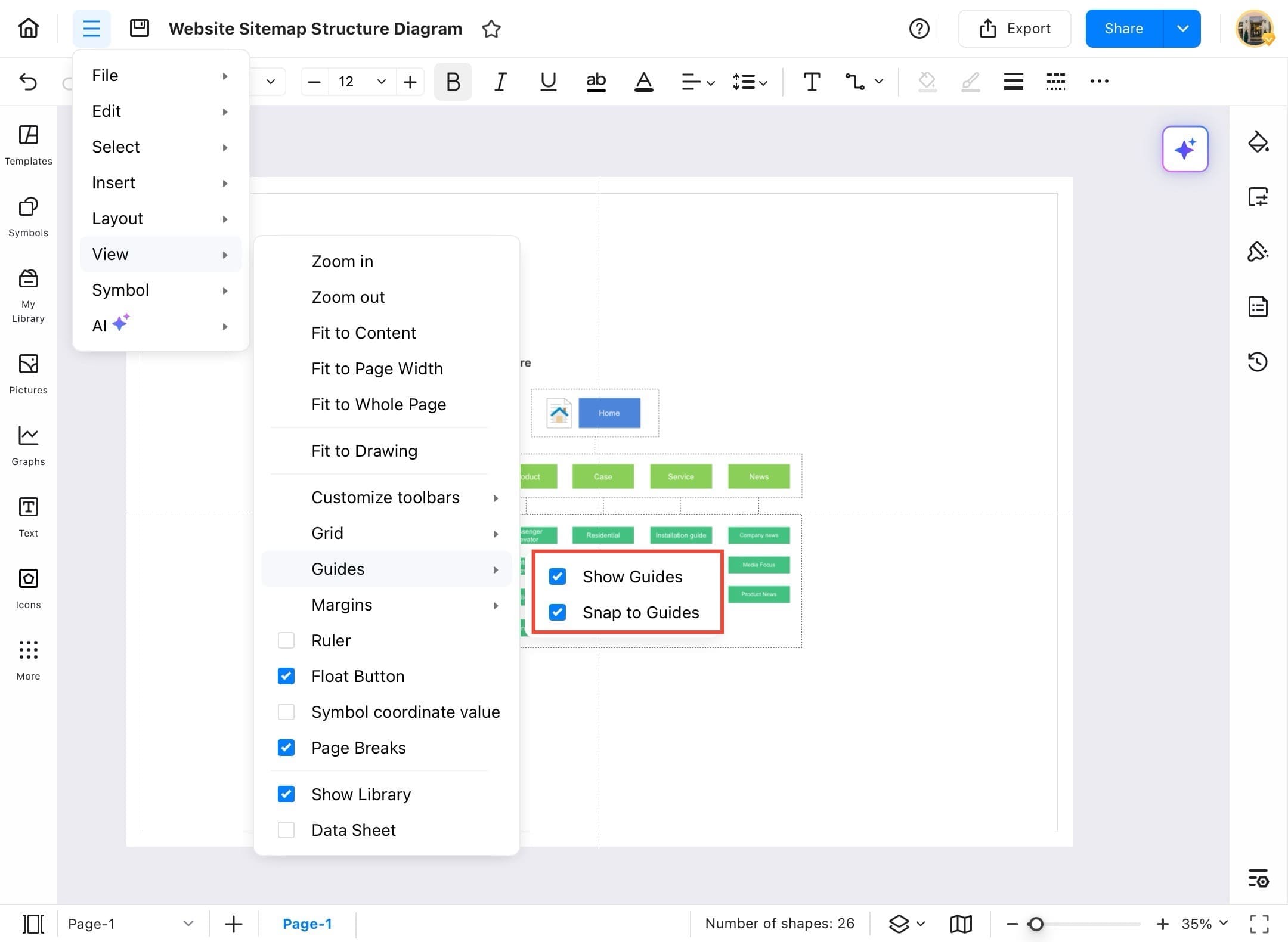 guide options in the view menu