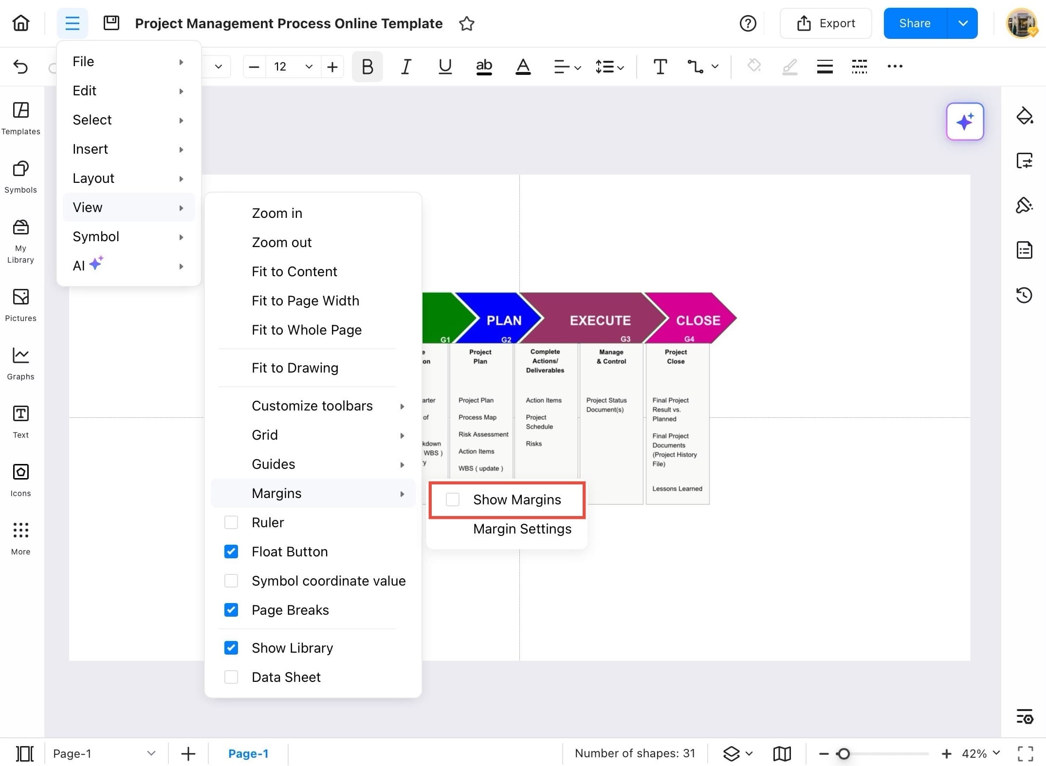 margins option in the dropdown menu