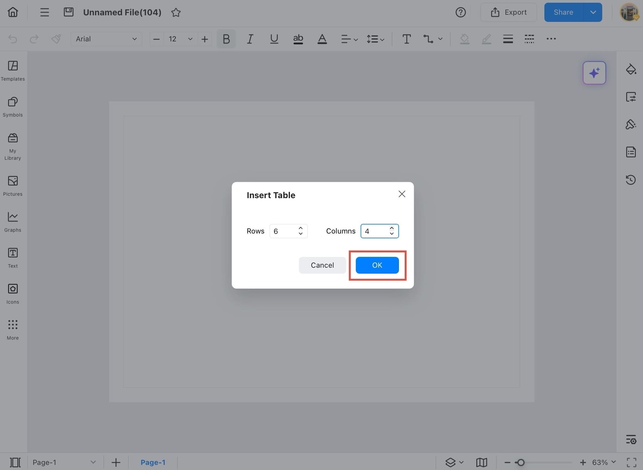 insert table dialog showing ok button