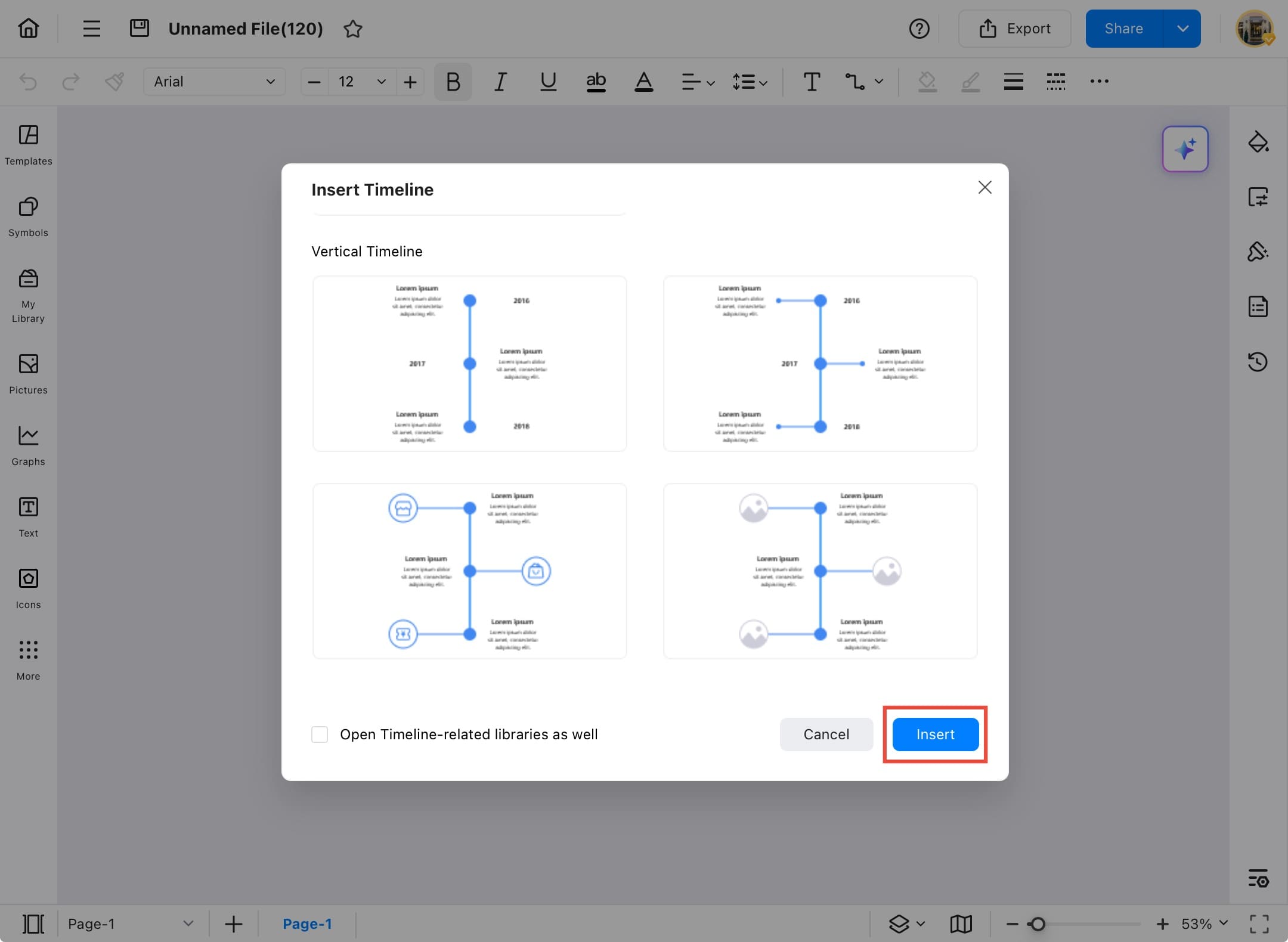 edrawmax insert timeline popup with insert button