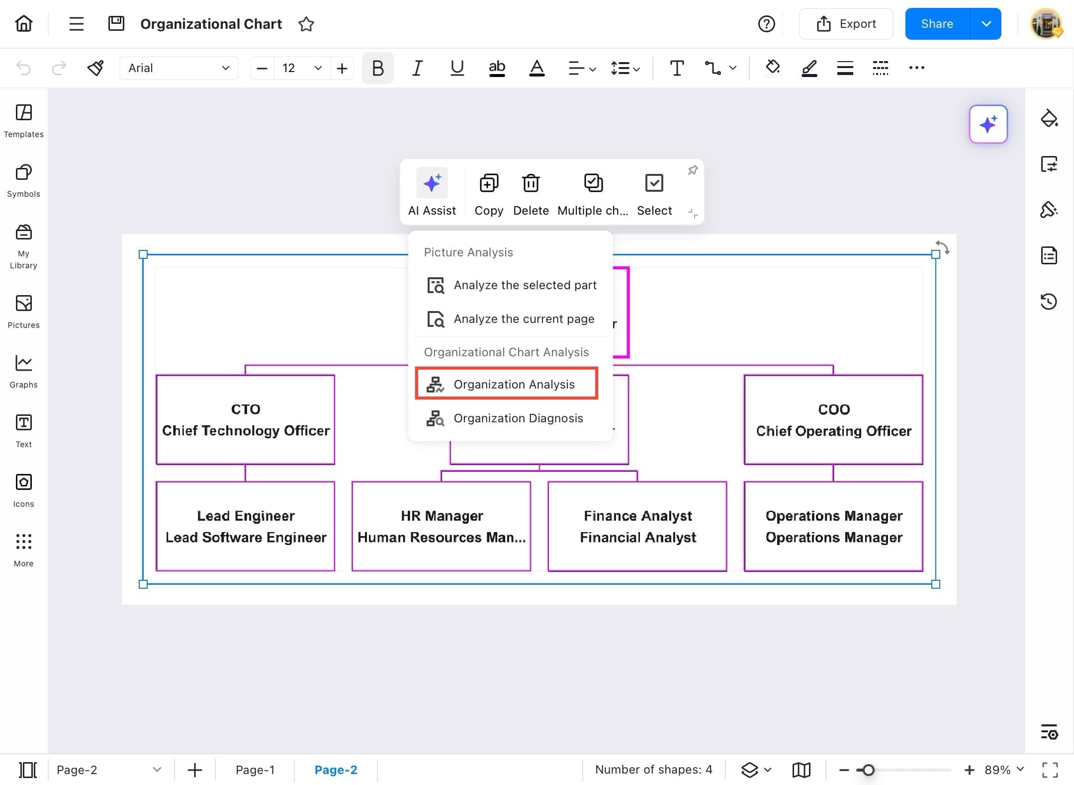 edrawmax ai assist dropdown showing