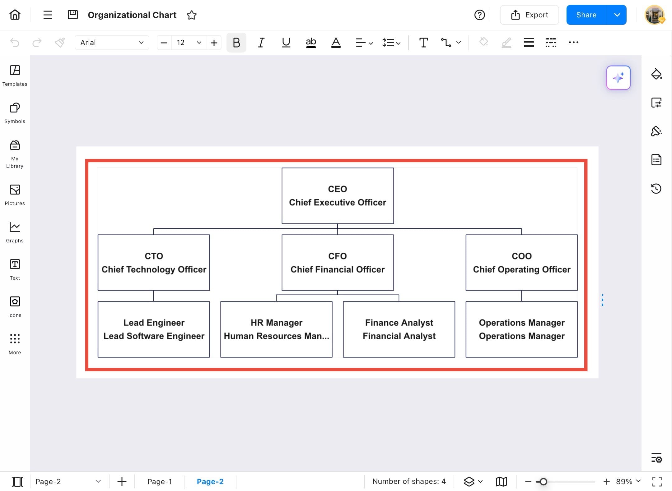 organizational chart fully displayed on canvas