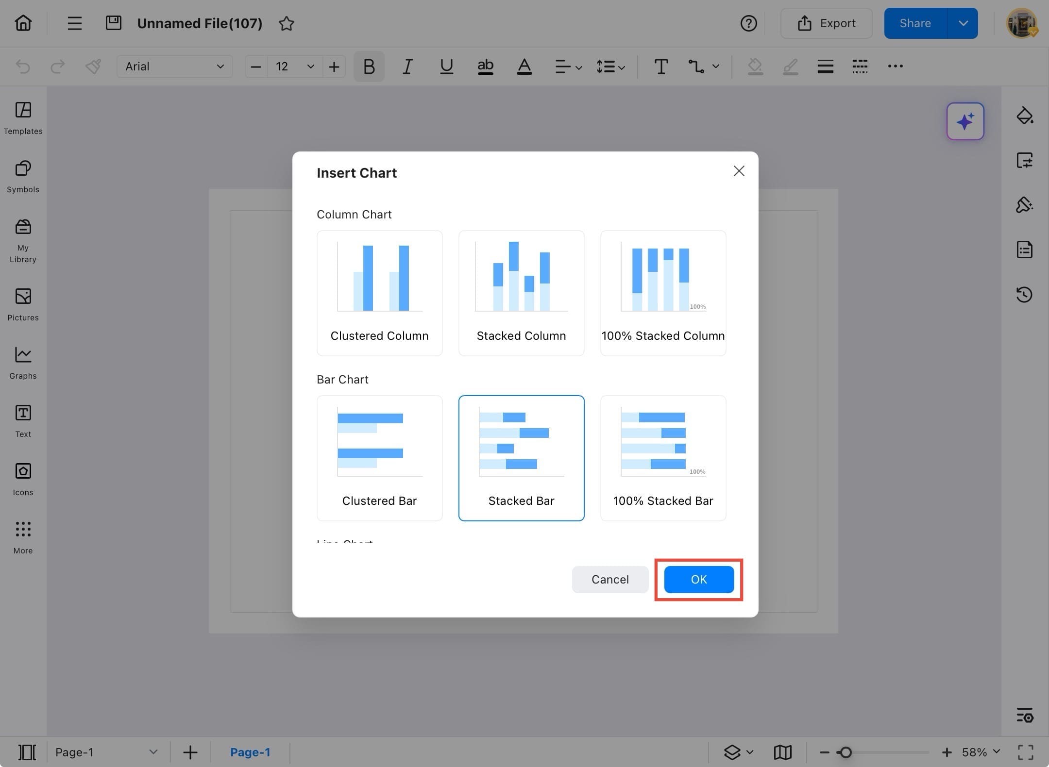 edrawmax insert chart confirm by tapping ok