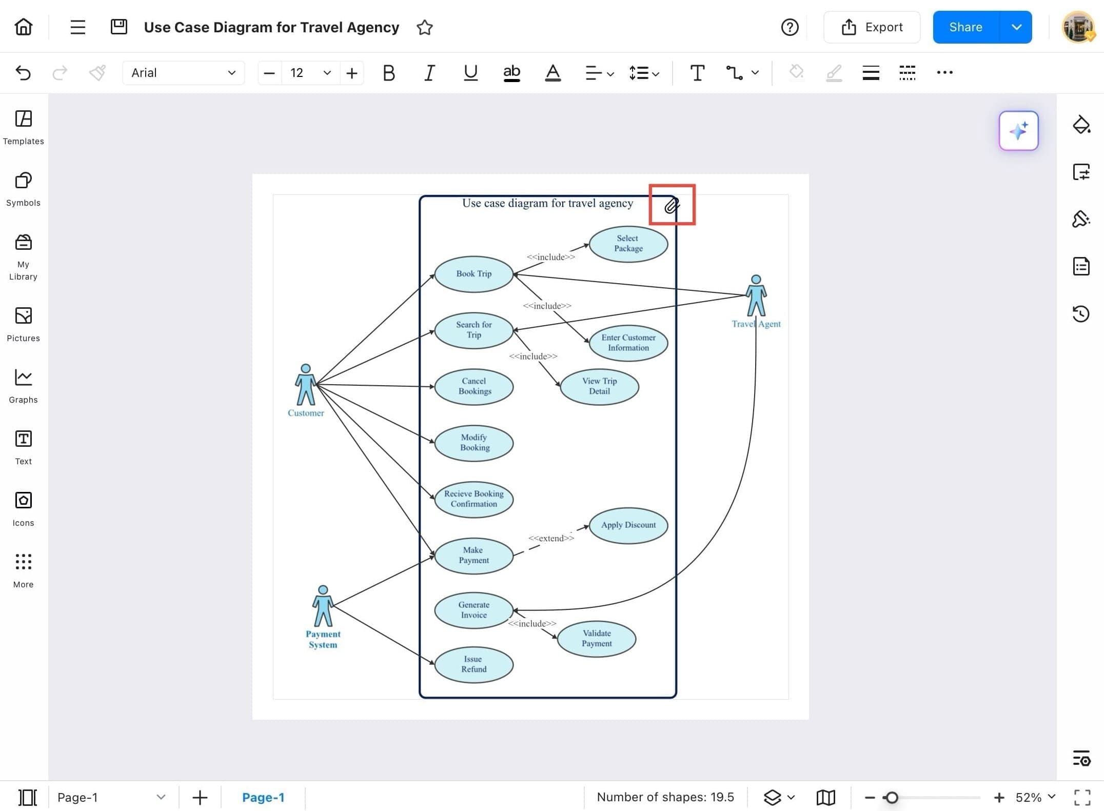 edrawmax use case diagram with attachment icon highlighted on shape
