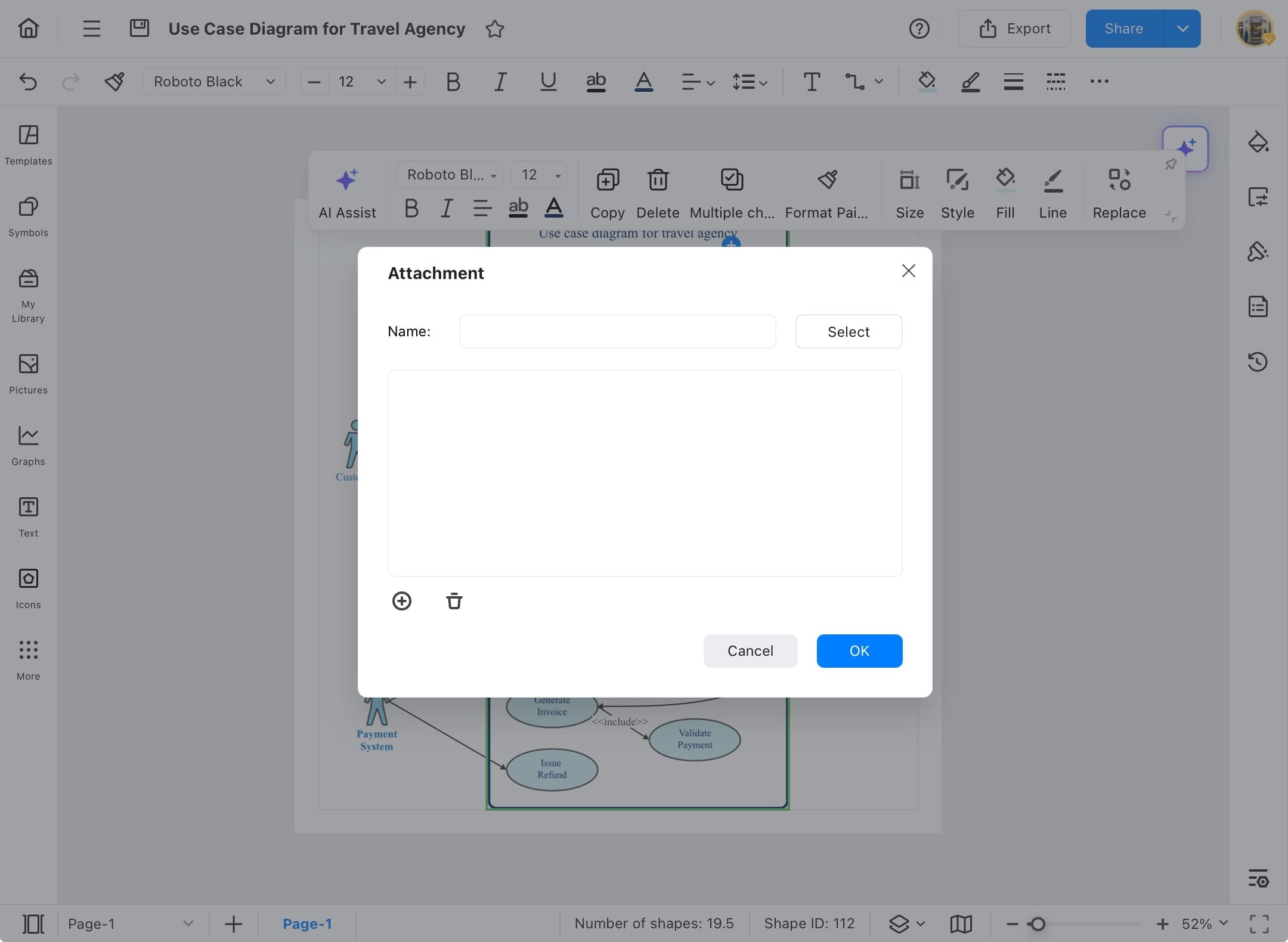 edrawmax attachment window with no file uploaded