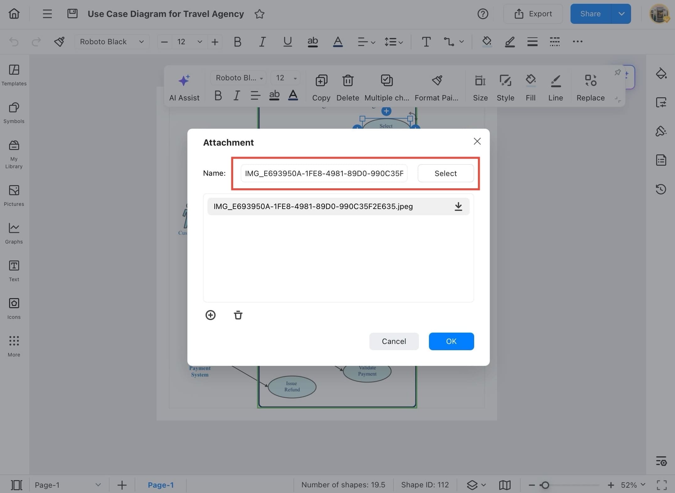 edrawmax attachment dialog showing added file name