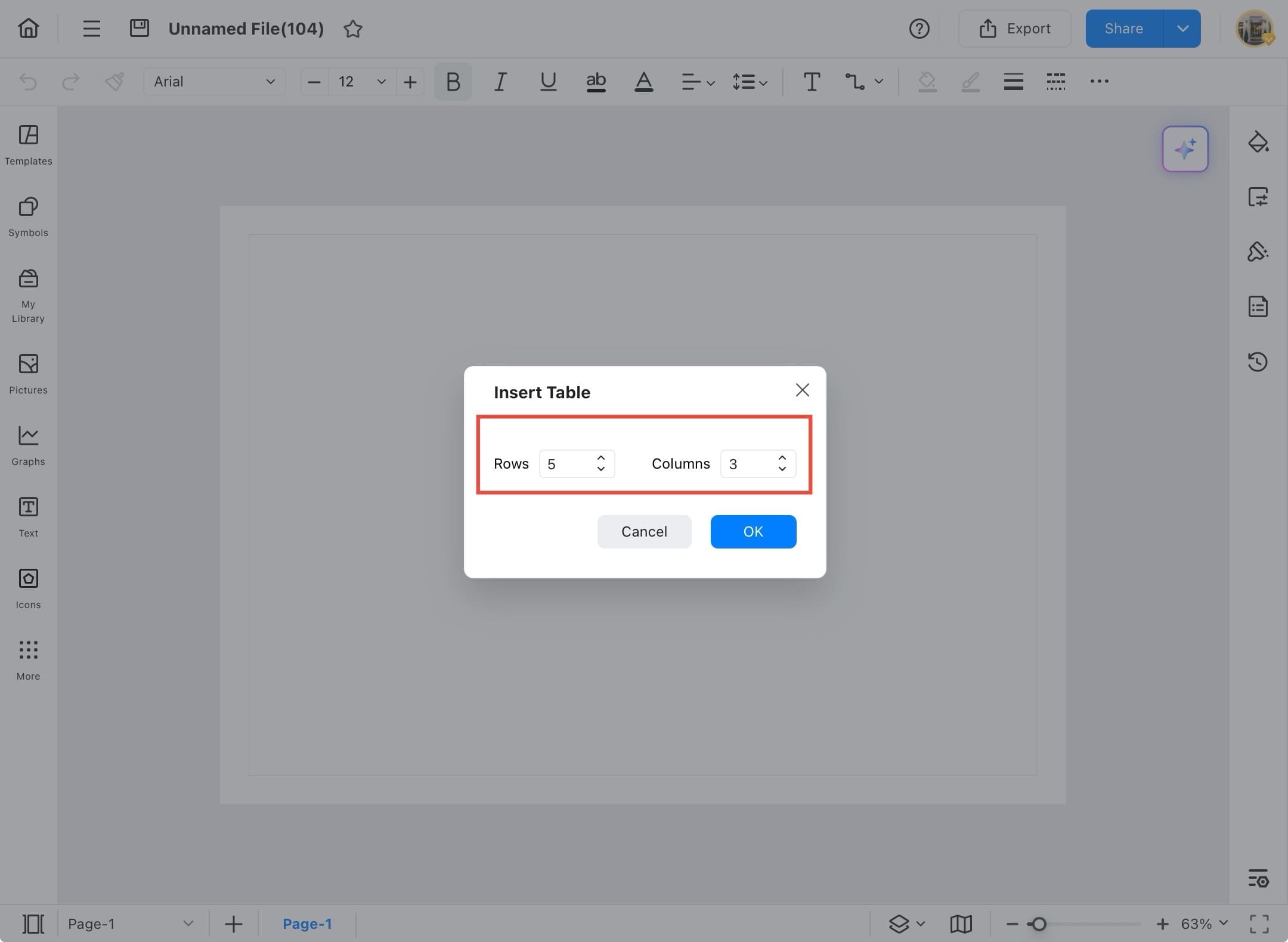 insert table dialog option