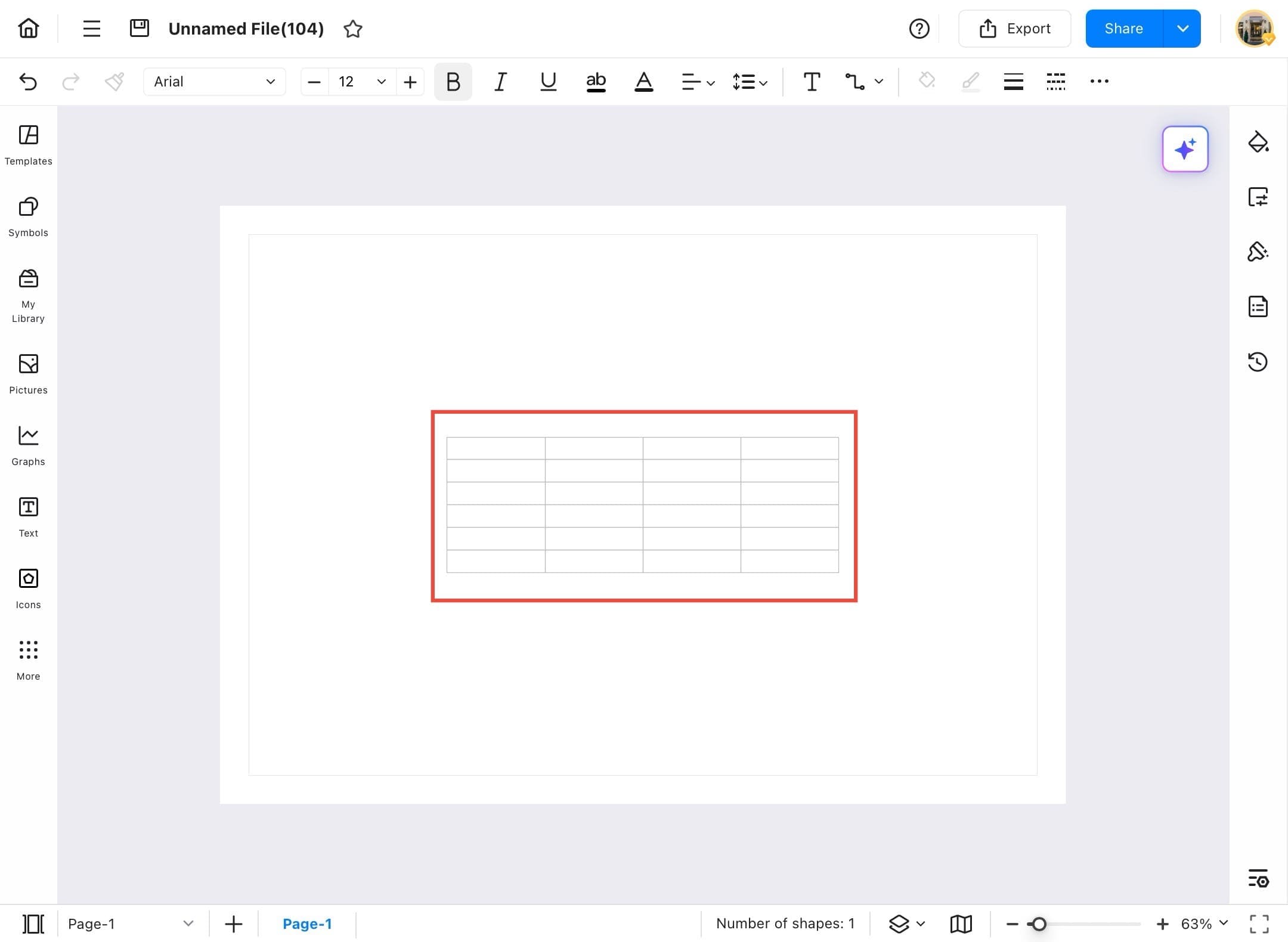 inserted table on the canvas