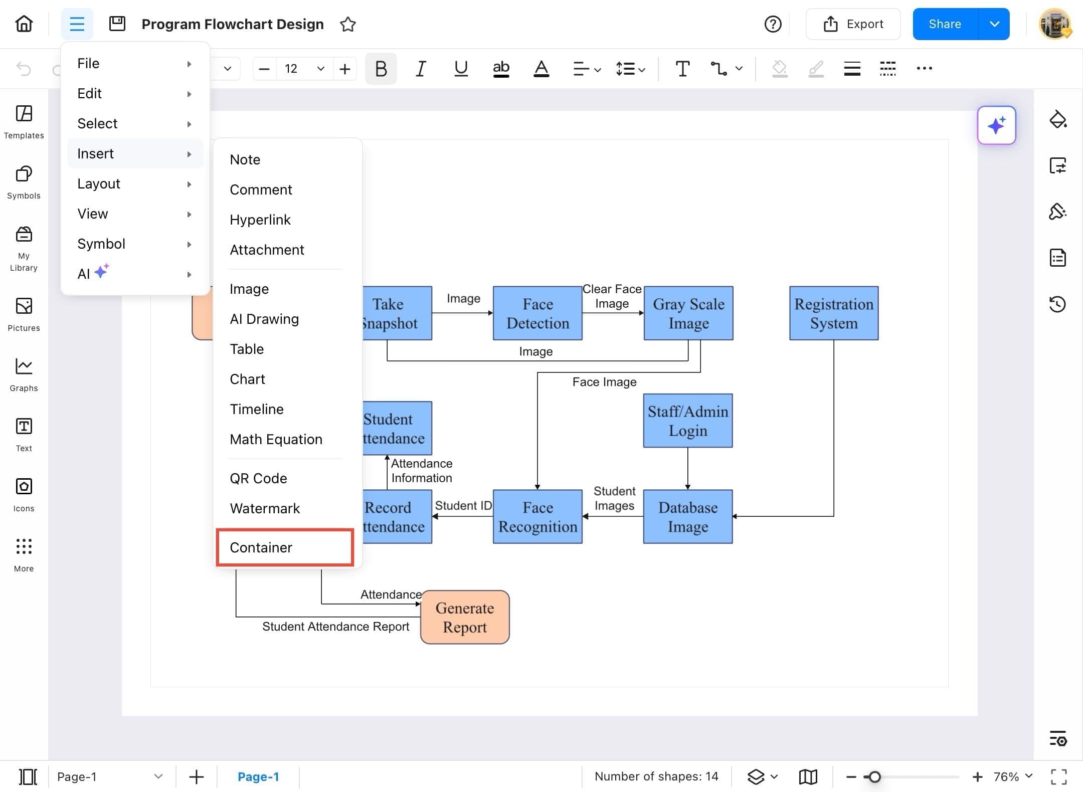 insert menu expanded showing the container option.