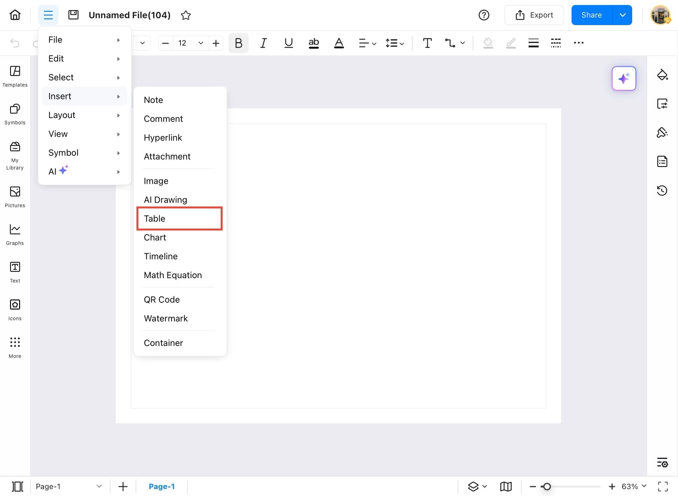insert menu with table option