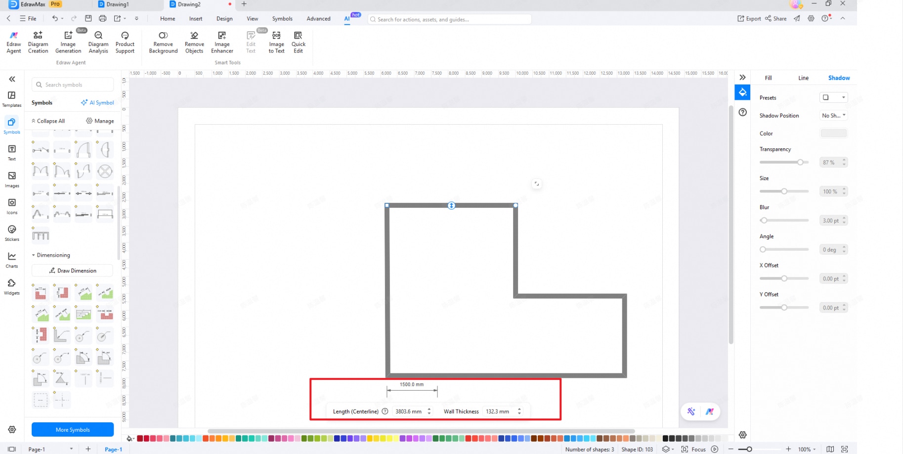 set wall length and thickness in EdrawMax