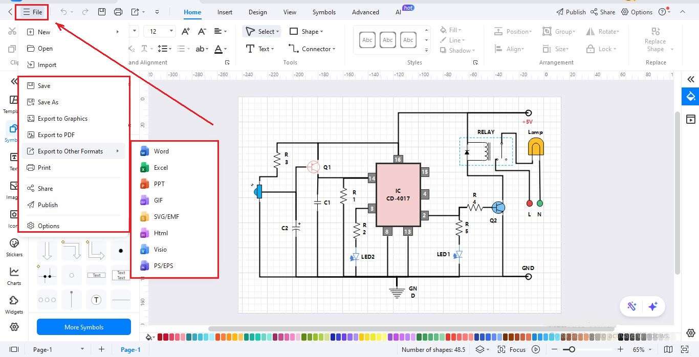 saving, exporting, and sharing circuit diagram