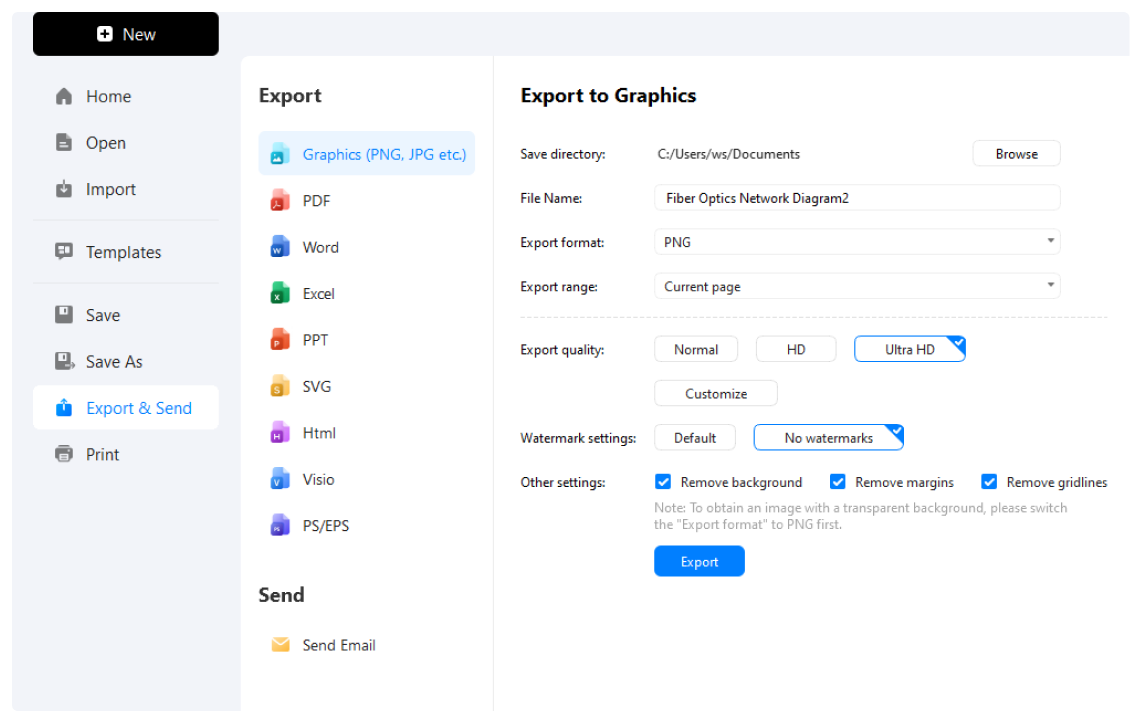 passaggio 3 della creazione di una planimetria: esportare il diagramma