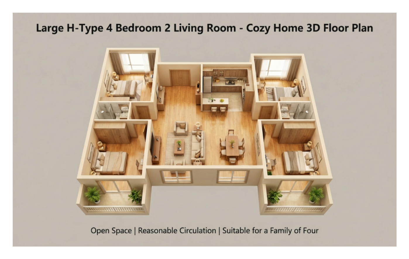 Free 4 Bedroom H-Shaped Home 3D Floor Plan