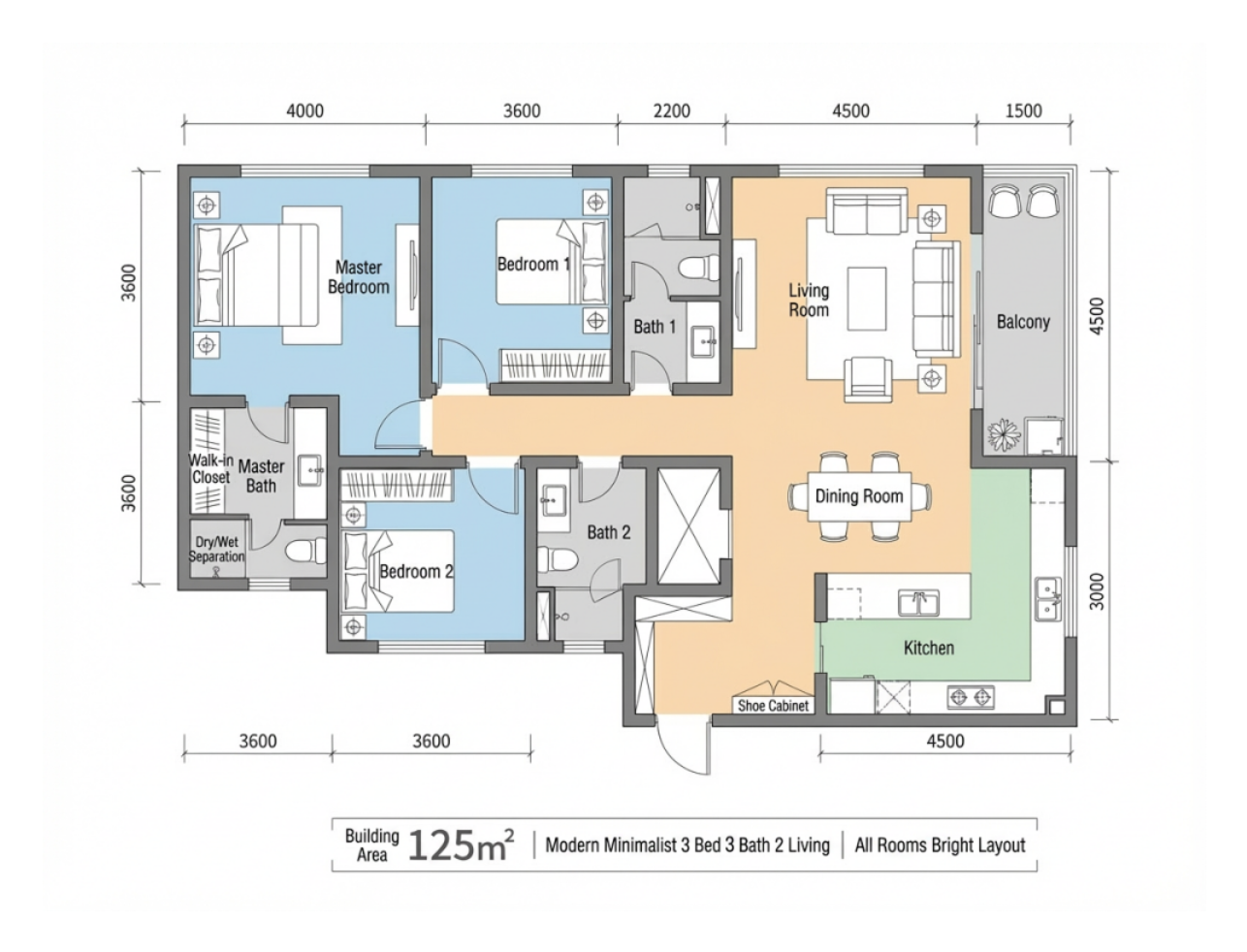 Free Modern 3 Bedroom 2 Living Room Floor Plan