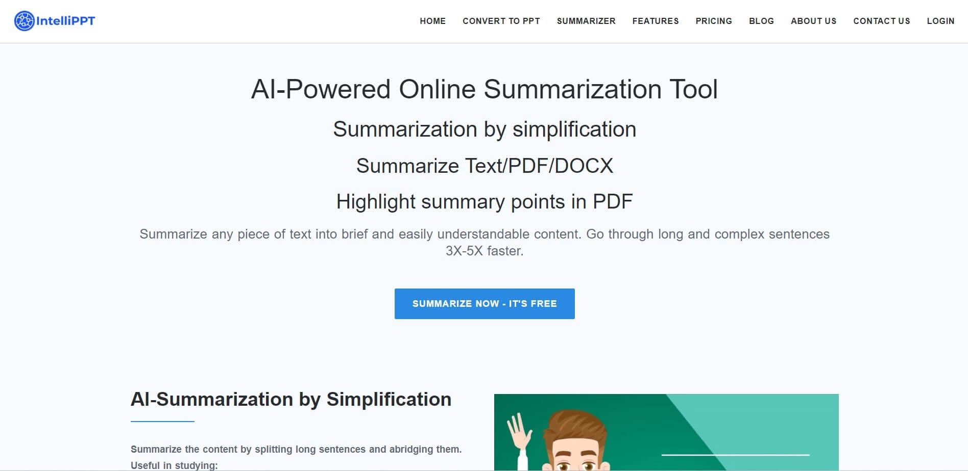 página de inicio de la herramienta de resumen en línea intellippt