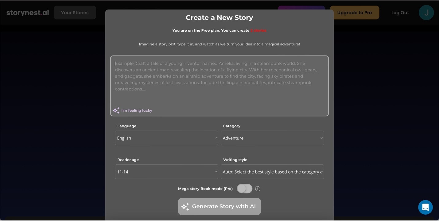 storynest ai create a new story