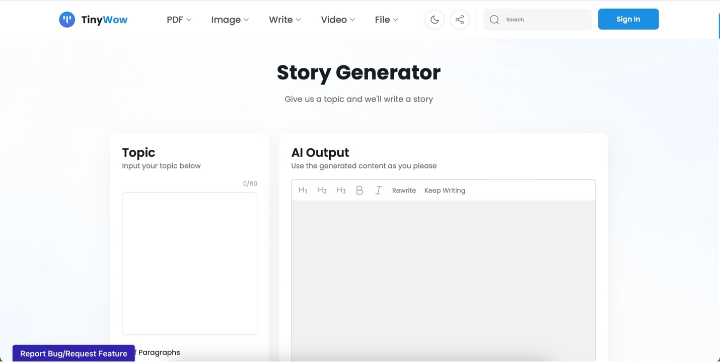 sitio web de tinywow generador de historias