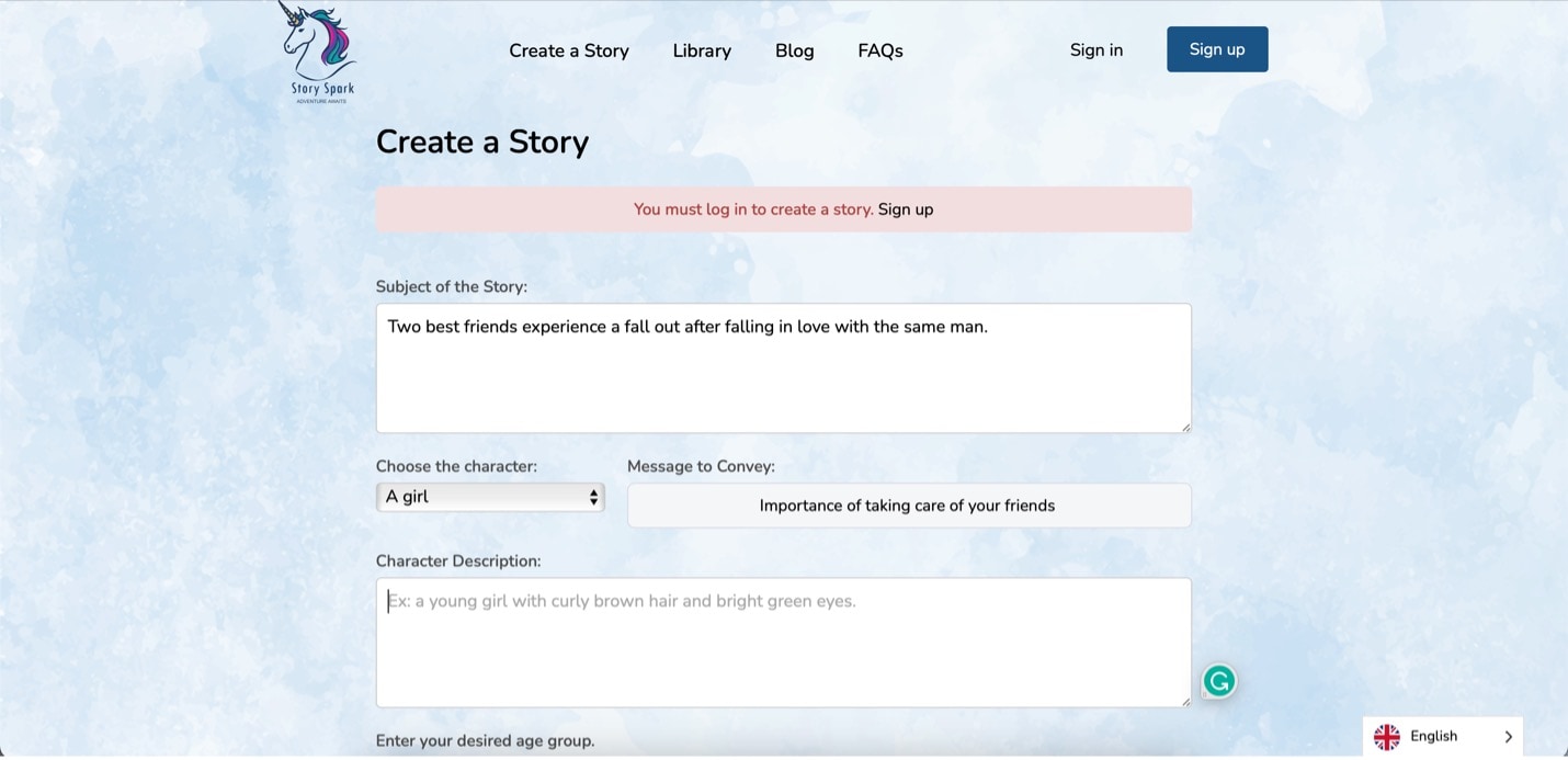 story spark create a story interface