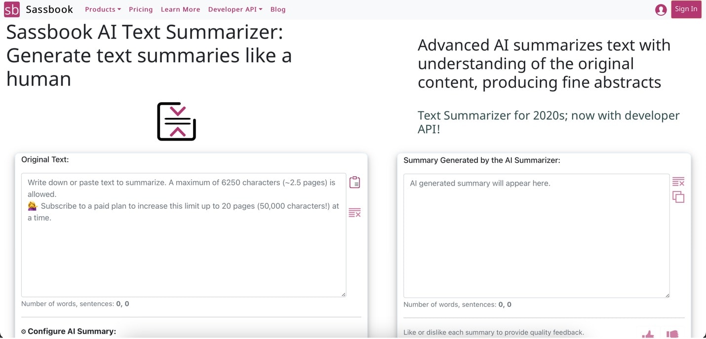 sassbook summary tool interface