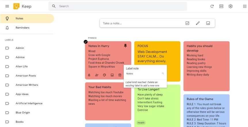 google keep sample note