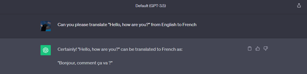 ChatGPT traduciendo la frase «hello, how are you» al francés.