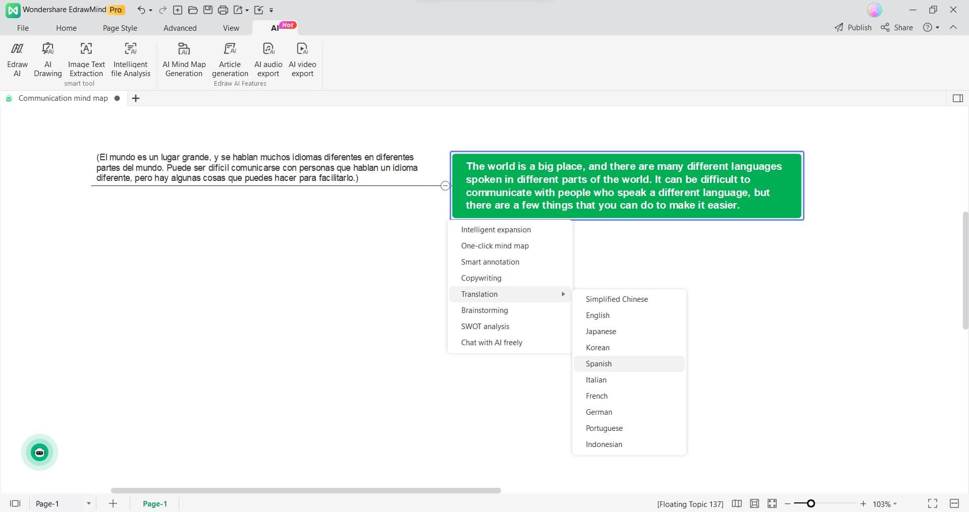 edrawmind ai translation in canvas