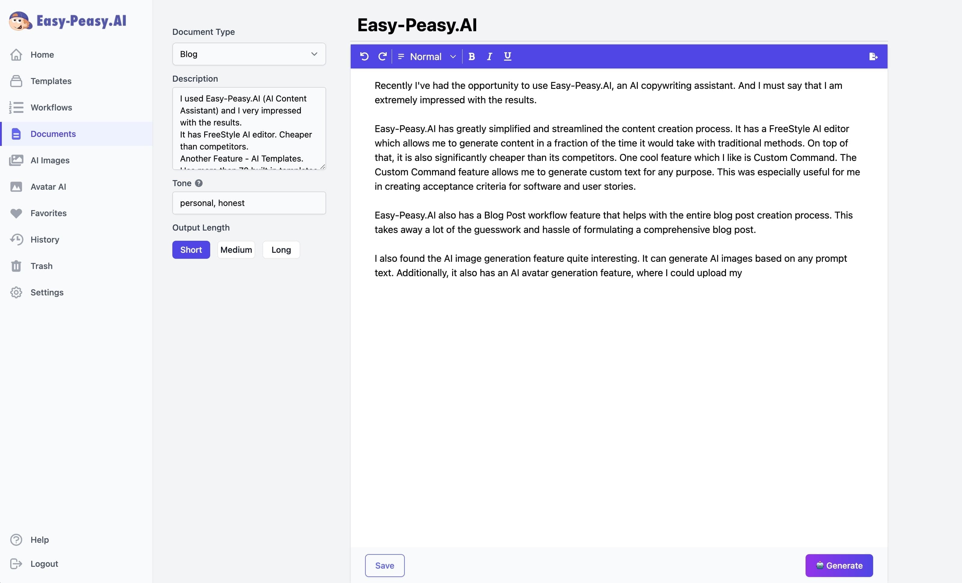 interface de usuário do easy-peasy.ai
