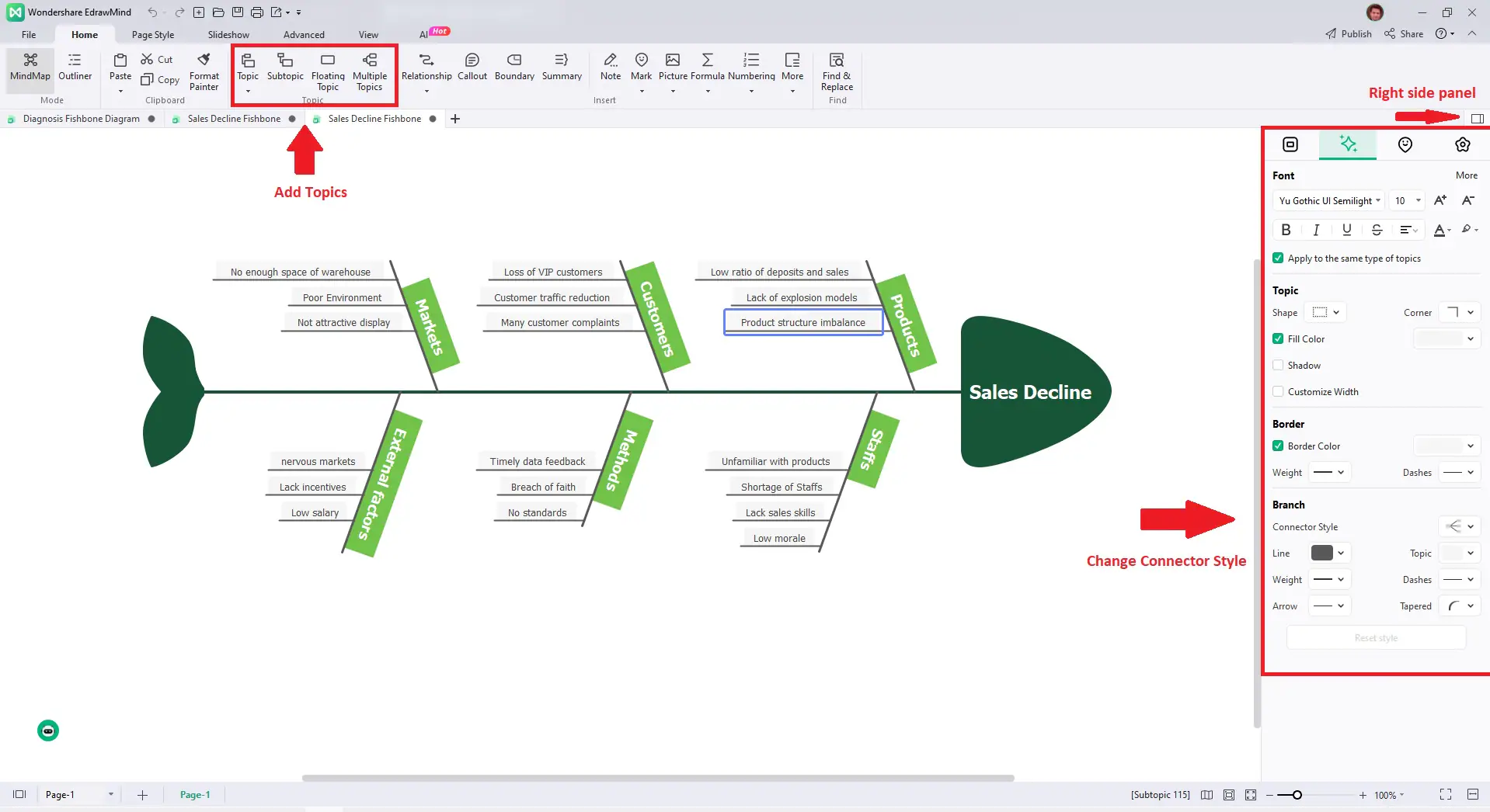 aggiunta di argomenti e connettori sul diagramma