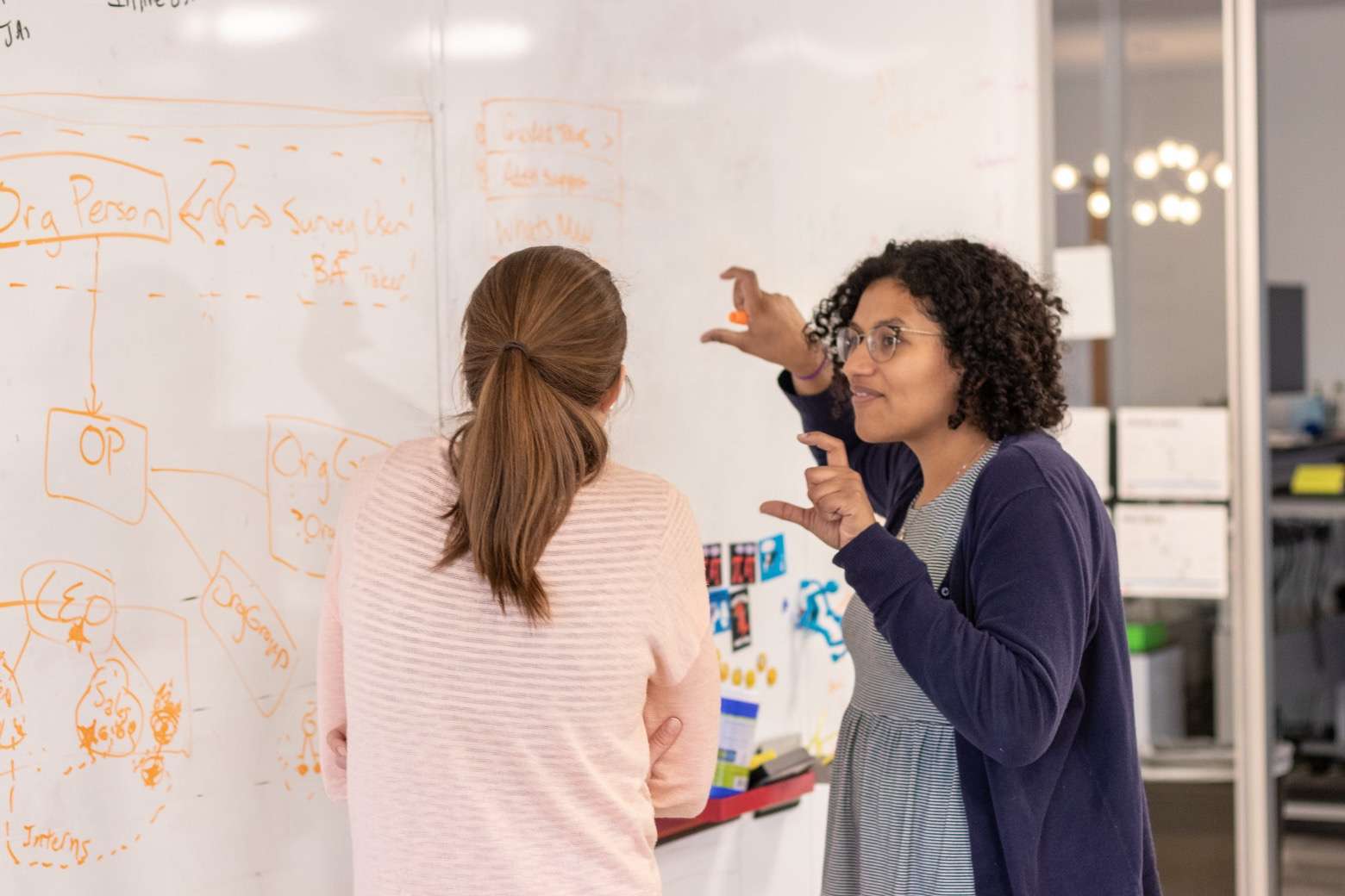 two persons discussing organizational charts