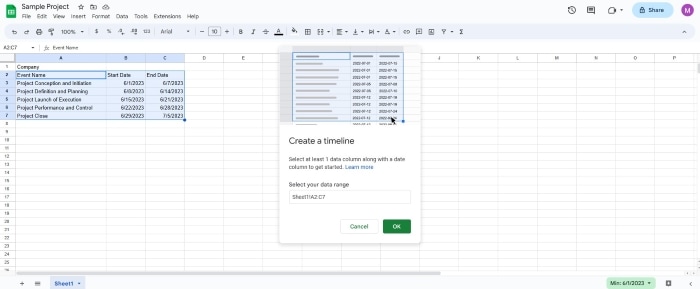 verificar el rango de datos para crear un cronograma