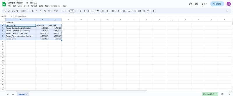select the data in google sheets