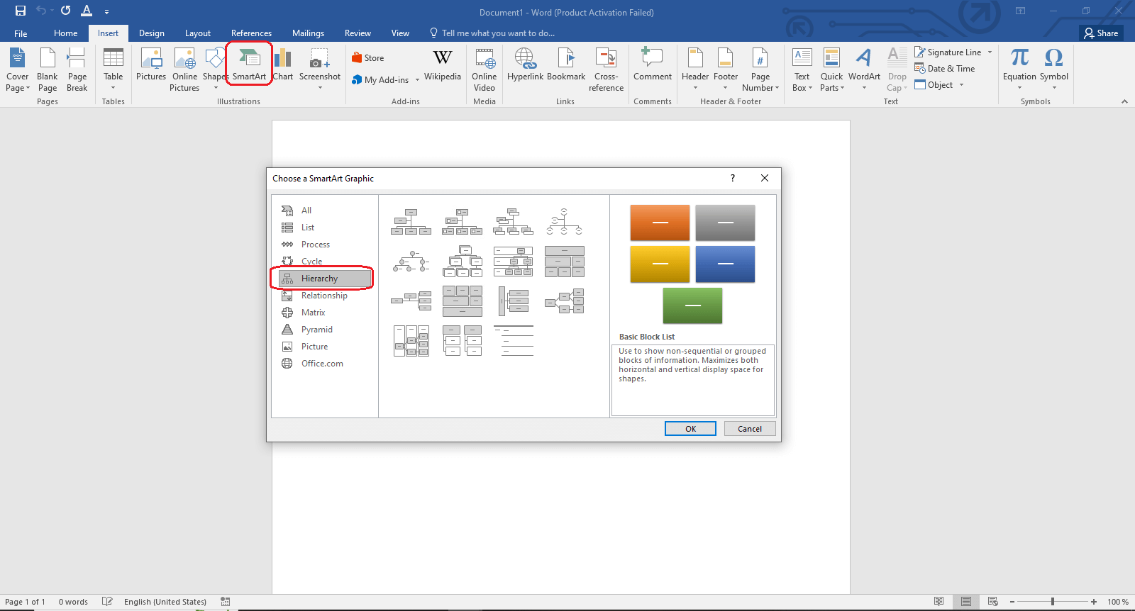 use the smartart feature in word