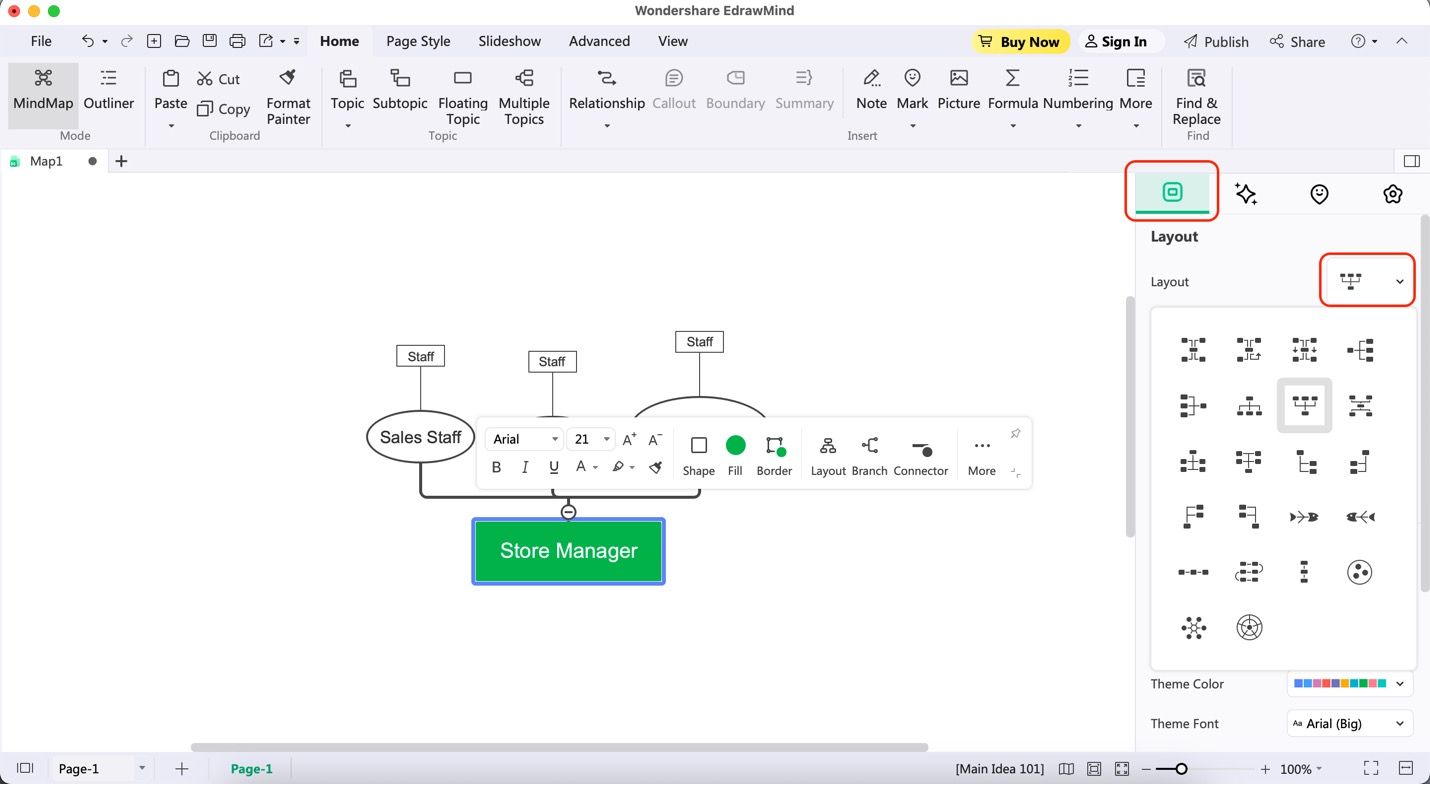 barra lateral de layout do edrawmind