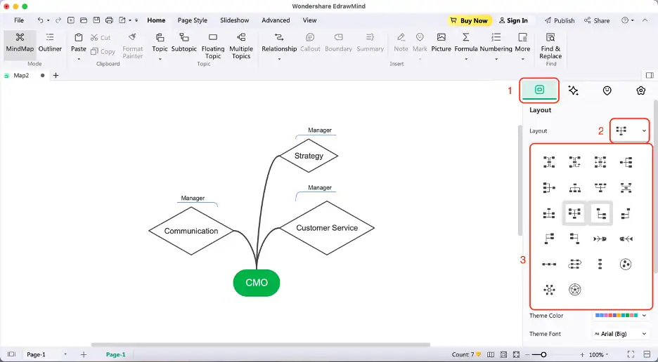 choix de mise en page d'organigramme dans edrawmind