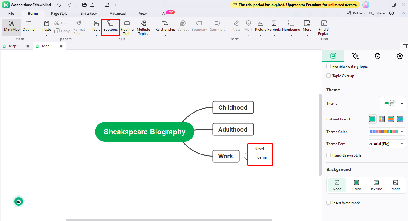 mind map unterthema vorlage schritt 3